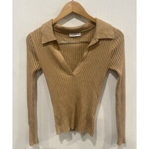DISSH Tan color Ribbed Collared V Neck Fenton Pullover Sweater Top Size 10